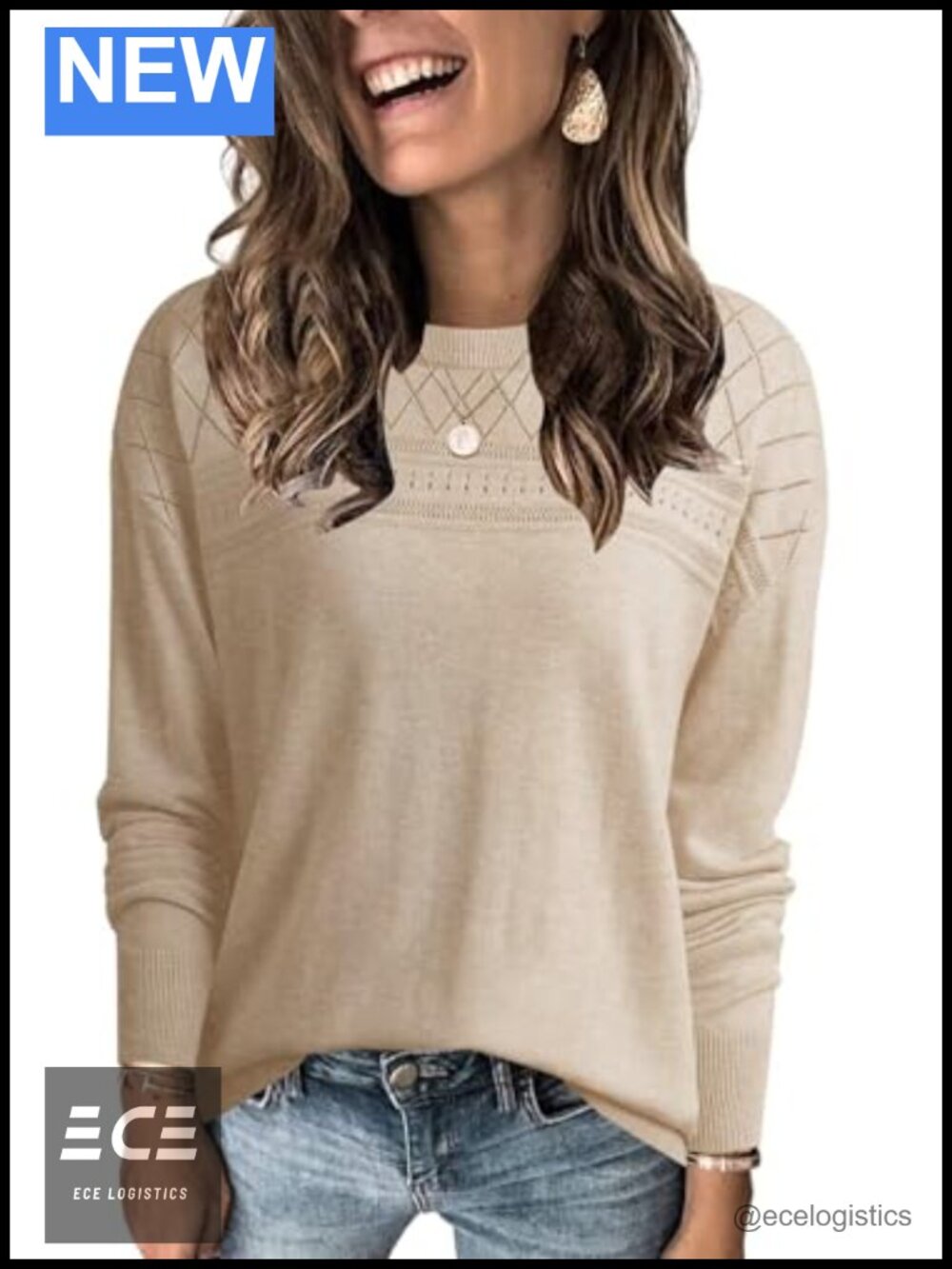 Womens Crew Neck Long Sleeve Lightweight Crochet Pullover Sweater Loose Knit Top